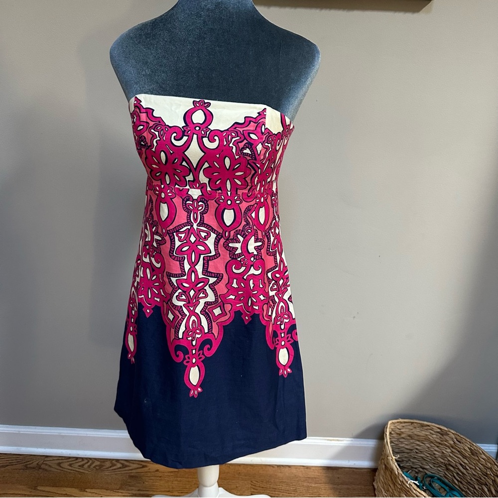 Lilly Pulitzer Size 4 Strapless Bowen Dress Chorus Girl Navy Bright Pink